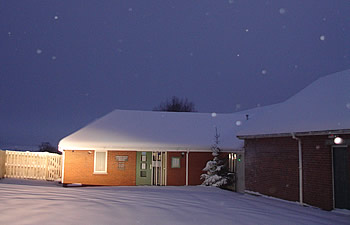 The Cheriton Bishop Surgery covered in a blanket of snow